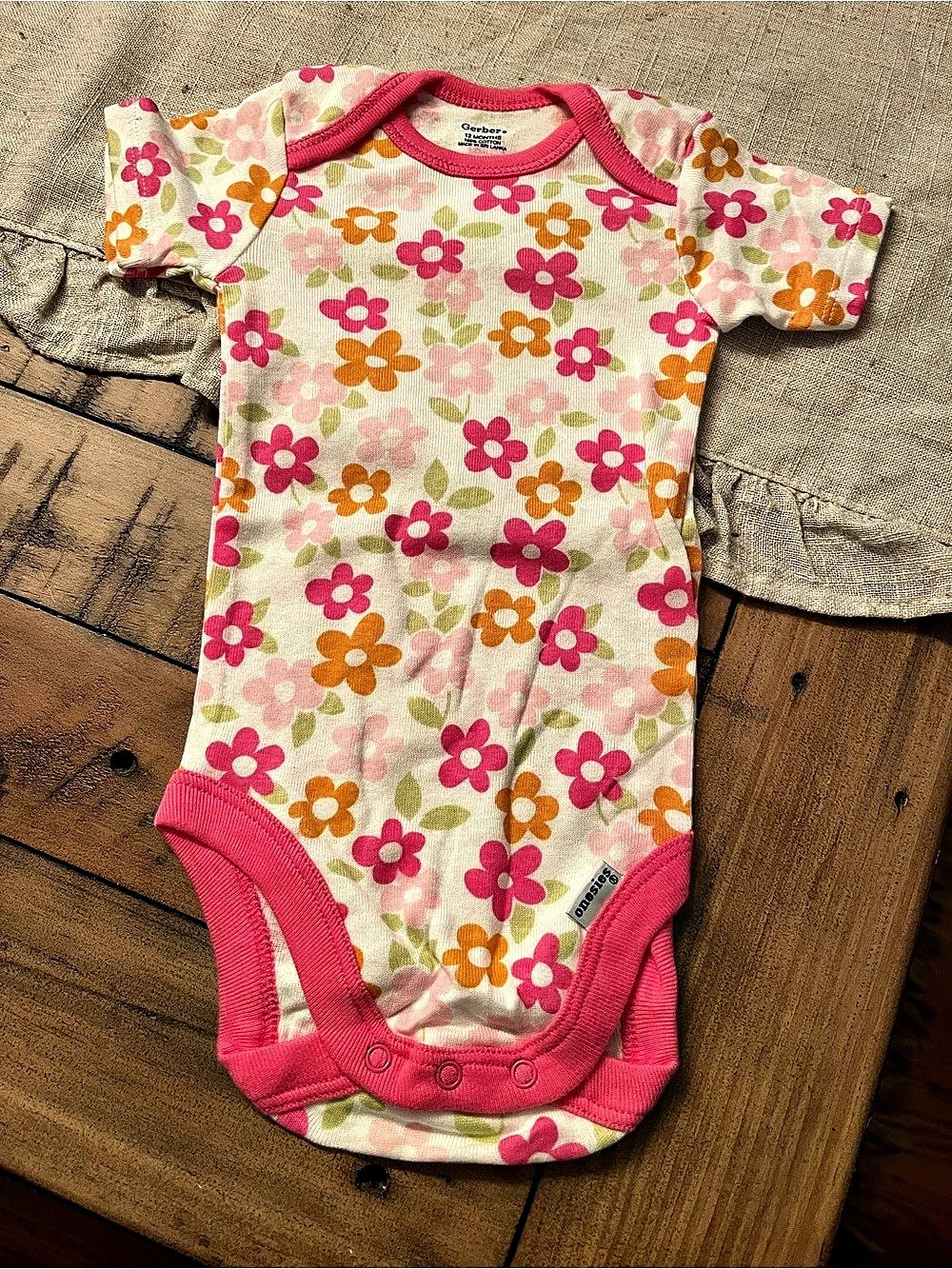Gerber Floral Short Sleeve Onesie Pink & Orange Baby 18 Months